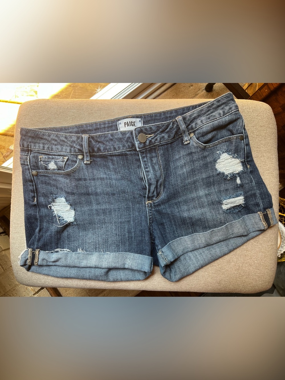 PAIGE Jimmy Jimmy Rolled Cuff Distressed Denim Shorts - Dark Blue